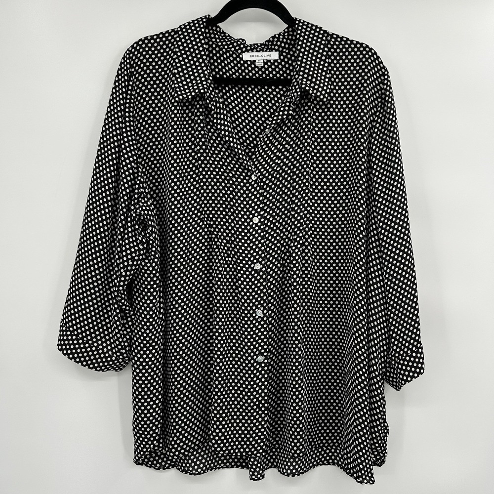 Rose + Olive Womens Polka Dot Button Down Top 3X Black White Career 3/4 Sleeve